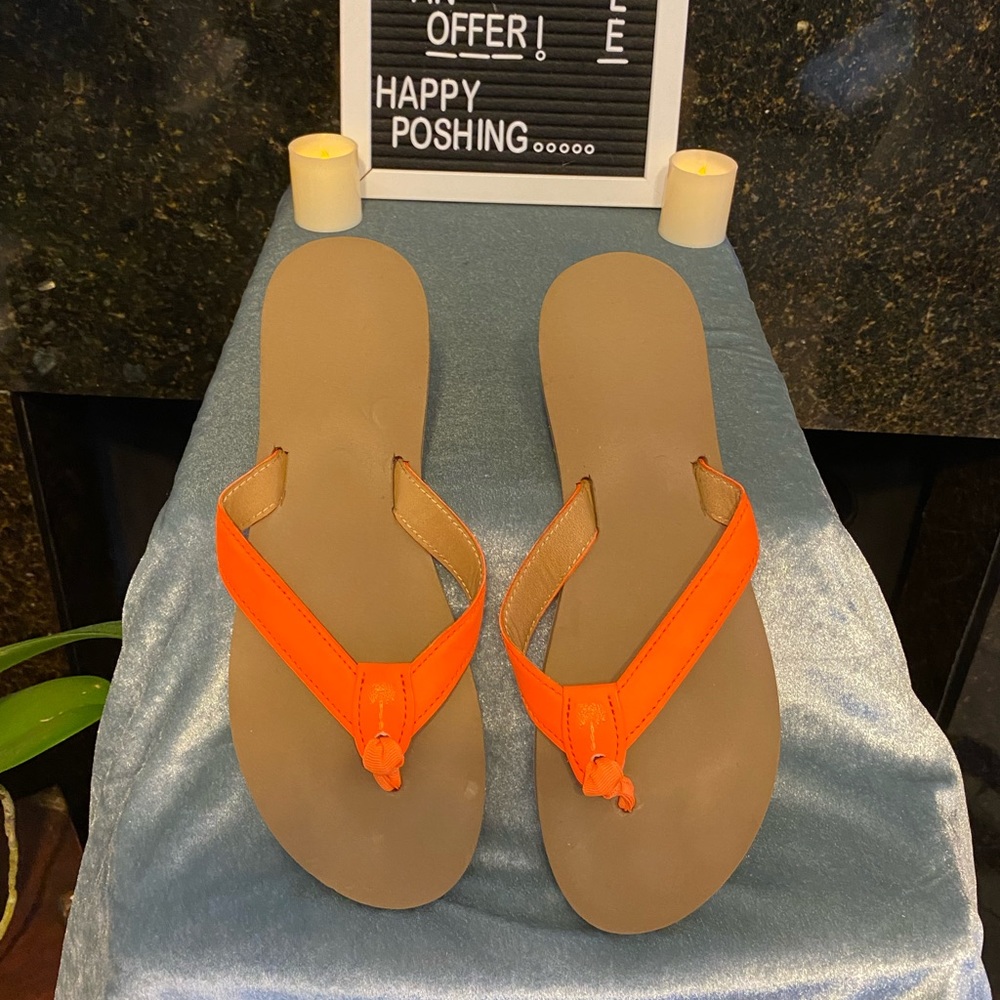 Women’s Bright Orange Leather Flip Flops. Approx. Size 9